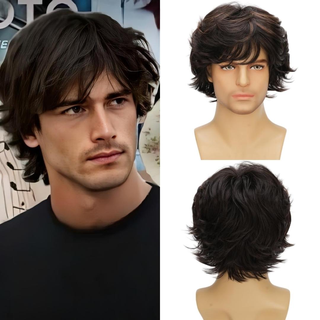 Men's Short Layered Wig, Dark Brown with Highlights, Synthetic Hair, Natural Look