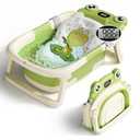 BUNWAG Baby Bathtub, Collapsible Newborn Bathtub for Infant to Toddler with Soft Cushion and Thermometer,Portable Travel Newborn Tub with No-Slip Feet, Baby Shower Gifts, 0-12 Months Baby Bath, Green