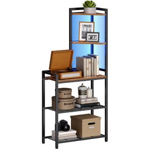 HOOBRO 5-Tier Corner Shelf Stand, Corner Shelf with LED Light, 56.3" Tall Corner Bookshelf, Display Rack Storage Organizer with Table, for Small Spaces, Living Room, Entryway, Rustic Brown BF69DCJ01