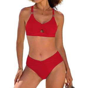 swimall Women's 2 Piece Bikini Sets Ruched Cutout Swimsuit Crisscross Back Bathing Suit (Red, S)