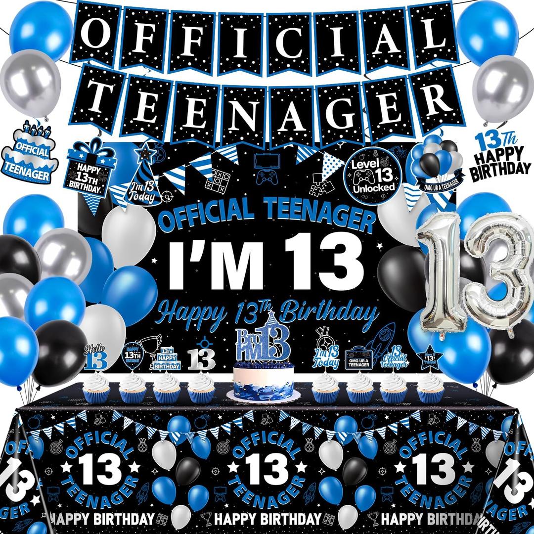 13th Birthday Decorations for Boys, 37Pcs 13 Birthday Boy Decorations Official Teenager Banner Backdrop, Happy 13th Birthday Tablecloth, 13 Year Old Boy Birthday Balloons Hanging Swirls Cake Toppers
