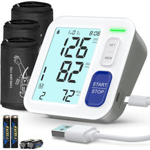 Blood Pressure Machine Upper Arm, 3 Size Cuffs Included, Small 7"-9", Medium 9"-17" and Extra Large XL Cuff 13"-21", Accurate Automatic Digital BP Monitor Home Use, Large Backlit LCD, 3 Users