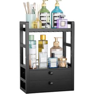 AmazerBath Bamboo Bathroom Countertop Organizer, 2-Tier Makeup Organizer with 2 Drawers, Vanity Organizer Storage Coffee Matcha Station, Compact Shelf for Bathroom Kitchen Office, Black