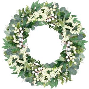 Eucalyptus Wreaths for Front Door, 18Inch Artificial Green Front Door Wreath Spring Summer Porch Decor with Berries for Home Farmhouse Wall Outdoor Decorations.