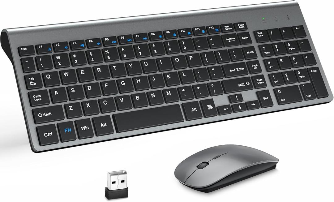 Wireless Keyboard and Mouse with Mouse Pad Ultra Slim Combo, MOOJAY 2.4G USB Quiet Compact Scissor Switch Keyboard Mice Set with Cover, 2 AA and 2 AAA Batteries, for Laptop/PC/Windows - Gray Black