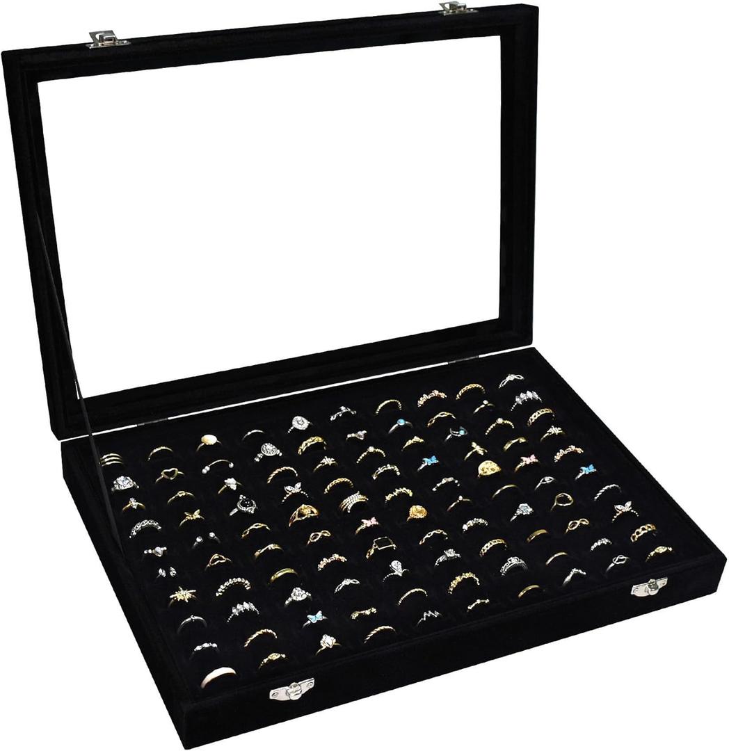 Velvet Ring Display Tray Organizer Box with Transparent Lid, 100 Slot Ring Holder Showcase For Store Display Jewelry Show Home, Ring Organizer For Rings Earrings (Black)
