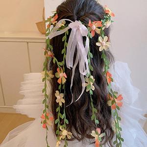 Flower Crown Headband for Women - Adjustable Floral Garland Hair Wreath with Crystal Hair Accessories for Hairbands Headpiece Floral Crown for Women (Orange Flower Green Leaves, Adjustable)