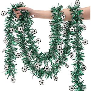 Tigeen 50 ft Soccer Party Decorations Soccer Tinsel Garland Decoration Soccers Metallic Tinsel Party Decorations Green Shiny Metallic Twist Football Garland for Sport Theme Birthday Parties Supplies