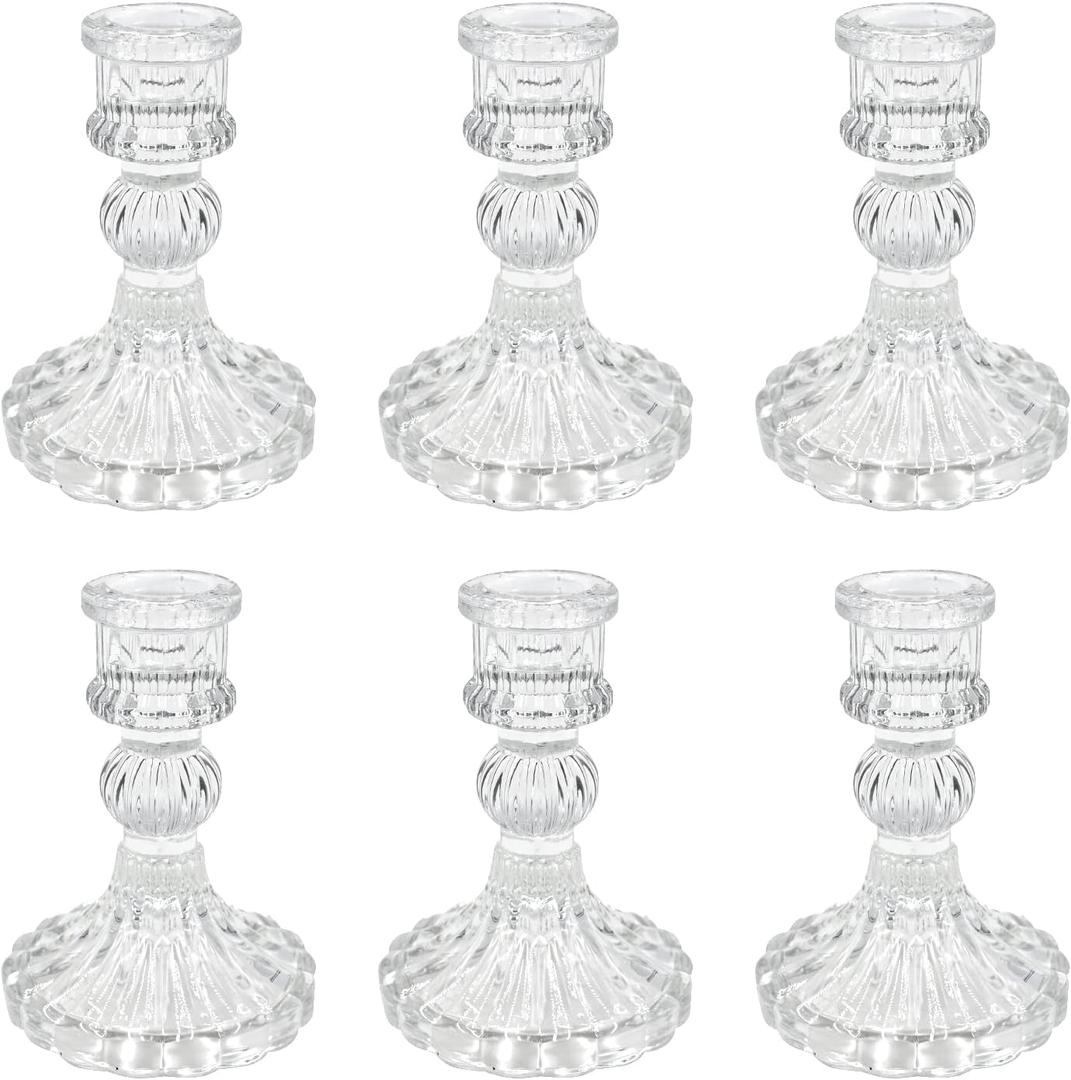 Glass Candlestick Holders Set of 6, Clear Stripe Taper Candle Holders for Table Centerpiece, Home Decorations, Valentine Day, Wedding and Party
