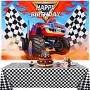 Irenare Monster Truck Party Supplies Include 1 Piece Monster Truck Backdrop 1 Piece Plastic Checkered Flag Tablecloth, Happy Birthday Grave Digger Theme Backdrop Picnic Table Cover for Party