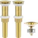 Bathroom Sink Drain, 2 Pack Gold Drain Stopper Without Overflow,Pop Up Drain Assembly Without Detachable Strainer Basket,Built-in Anti-Clogging Strainer,Stainless Steel