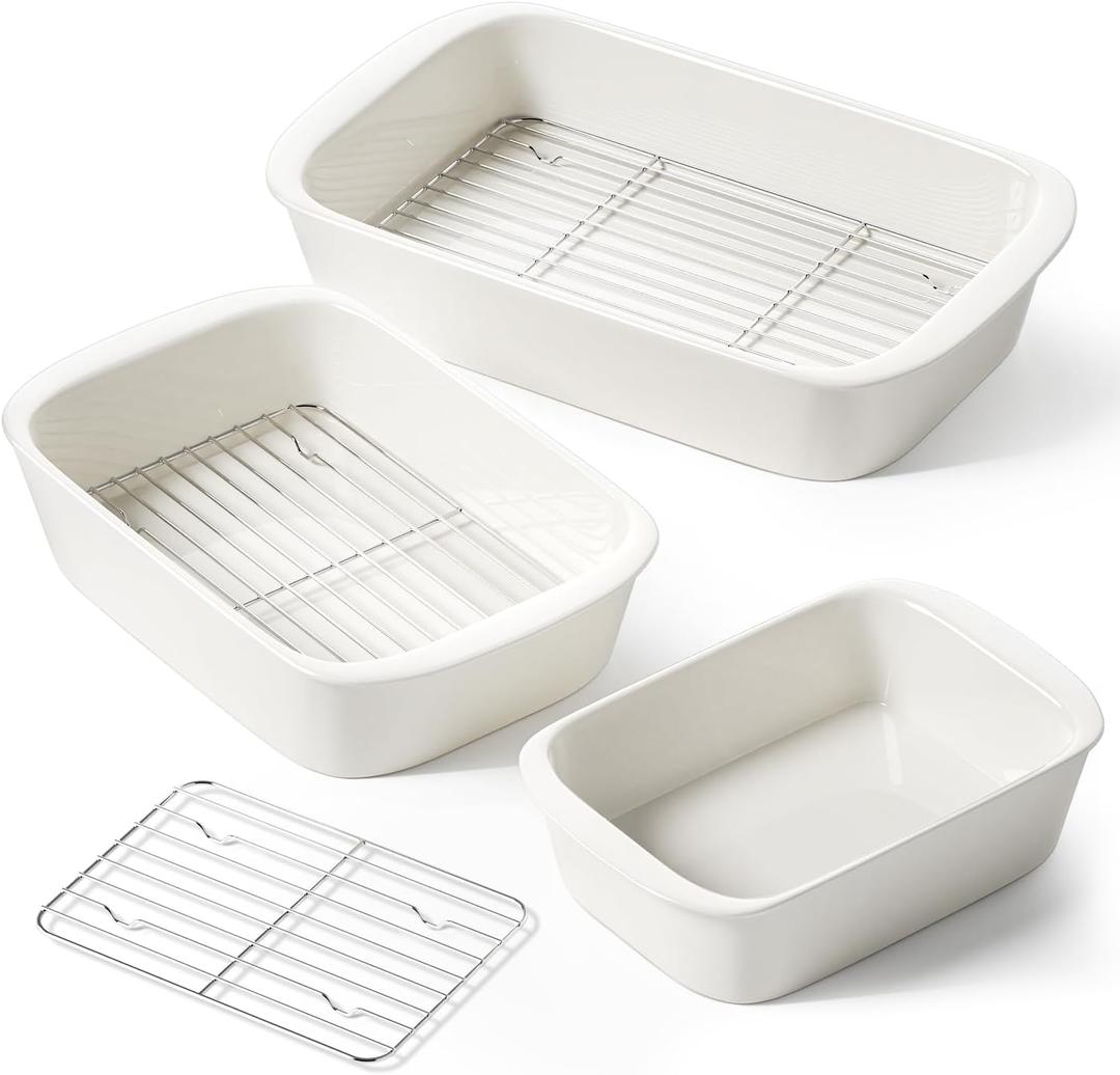 LE TAUCI Deep Casserole Dishes for Oven, 13.7x9.6 Ceramic Baking Dish Set with Roasting Racks, Large Lasagna Pans with Handles, Rectangular Bakeware as Gift for Mom, White (4.6QT/3.0QT/1.6QT), Set of 3