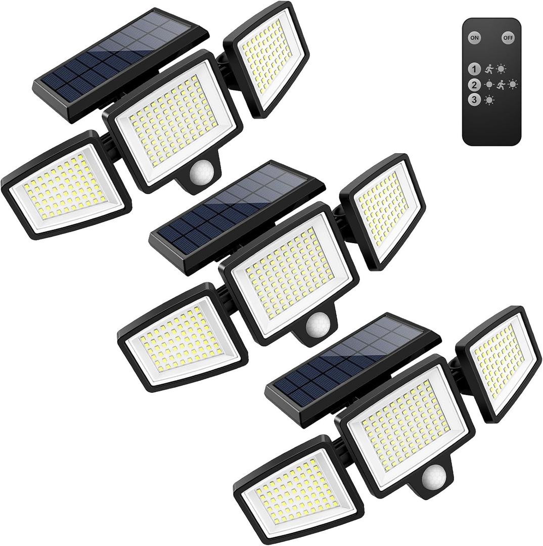Tuffenough Solar Outdoor Lights 2500LM 210 LED Security Lights with Remote Control,3 Heads Motion Sensor Lights, IP65 Waterproof,270 Wide Angle Flood Wall Lights with 3 Modes(3 Packs)