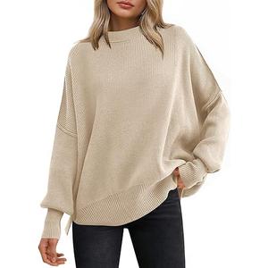 ANRABESS Women Oversized Sweaters Batwing Long Sleeve 2026 Fall Outfits Crewneck Casual Knit Side Slit Fashion Pullover Top (Size XL, Apricot)