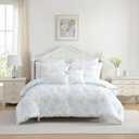 Laura Ashley - Twin Bonus Comforter Set, Soft Reversible Bedding Set, 5 Piece Bed Set with Matching Pillowcases, Euro Shams, & Throw Pillow Covers (Annalise Floral/Dilly Dally Stripe Blue)