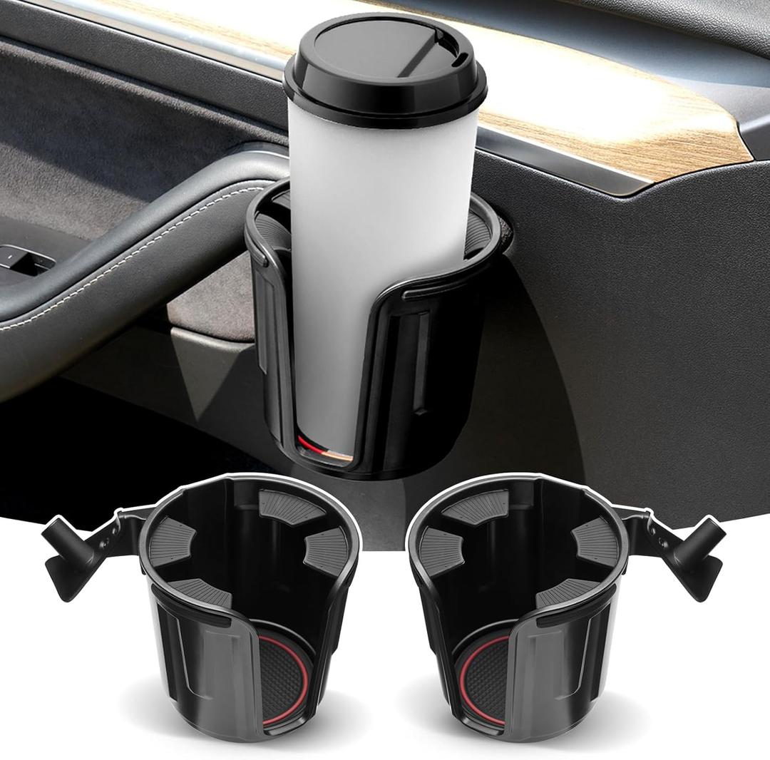 Shademax Set of 2 Car Cup Holder for Tesla Model Y 2020-2025 / Model 3 2017-2023 Left&Right Side Door Cup Holder with Rubber Coaster Model Y/3 Accessories Compatible with 2.95"-3.7" Cups Bottles