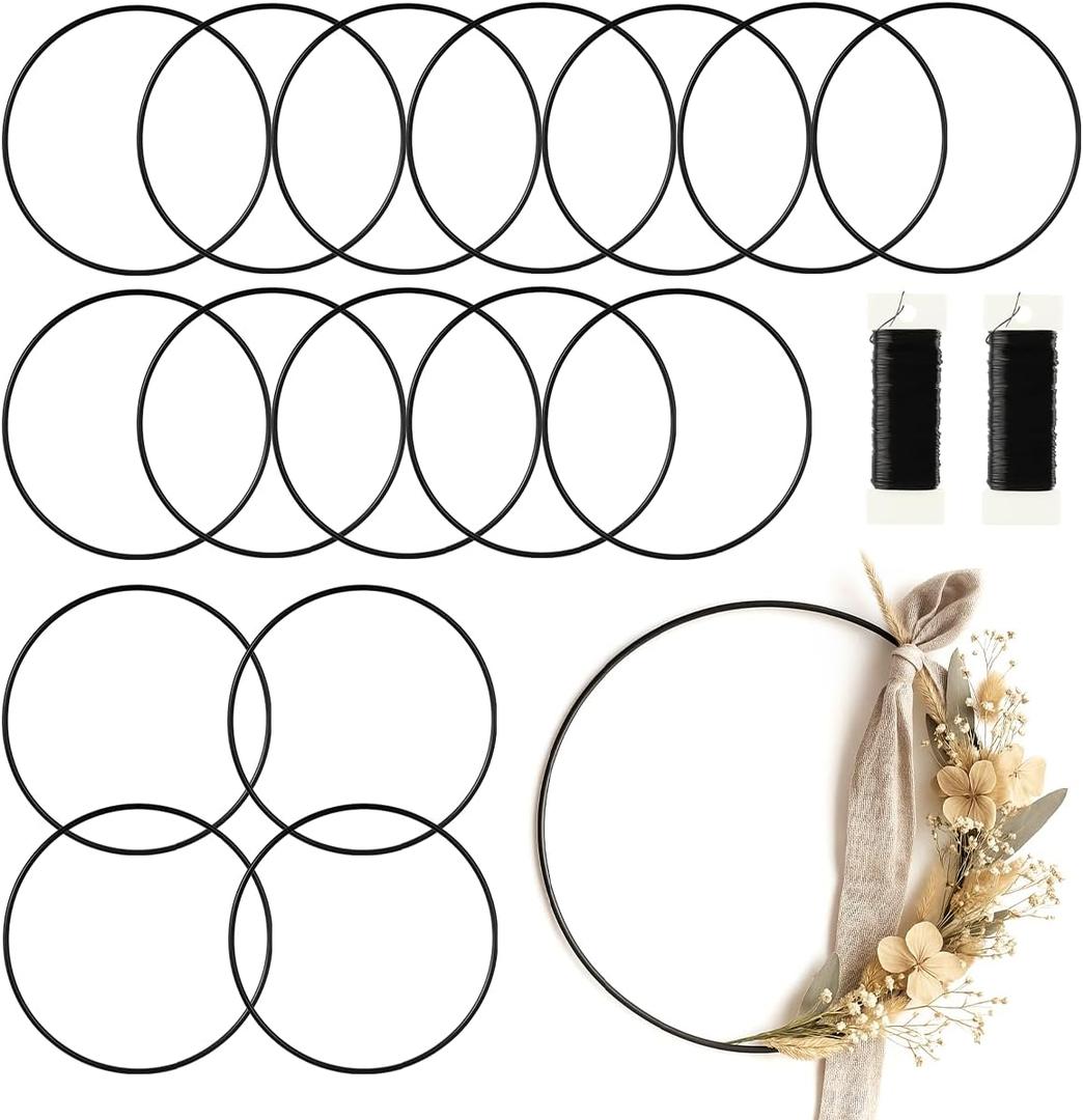 16 Pack Foral Hoop 12 Inches Metal Rings for Crafts Macrame Rings Hoop Wreath Dream Catcher Rings DIY Wreath Candle Rings Wreaths Craft Hoops, Black