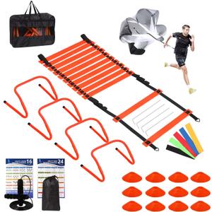 Agility Ladder, Agility Speed Training Set, 20ft 12 Rung Agility Ladder, 4 Agility Hurdles, 5 Resistance Bands, 12 Resistance Cones, Running Parachute, Jump Rope for Athletes, Adults (Orange)