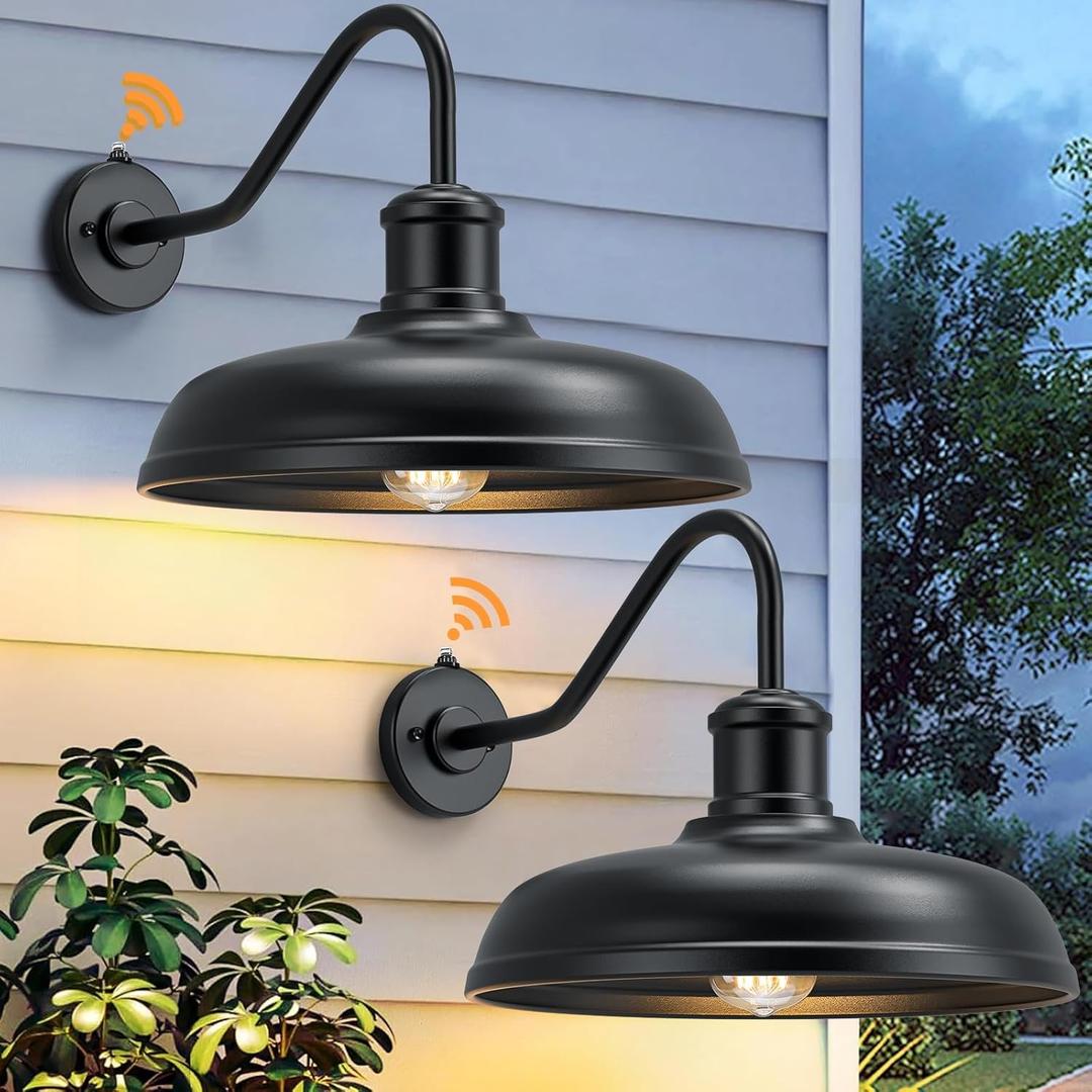 16 Inch Dome Dusk to Dawn Gooseneck Barn Light Outdoor, Large Farmhouse Exterior Light Fixture Wall Mount, Industrial Outdoor Wall Sconce Outside Lantern for House, Porch, Garage, Entryway, Black (16''-With Sensor)