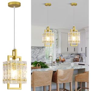 Gold Pendant Light Fixture - Modern Kitchen Island Water Ripple Glass Square Light - Adjustable Hanging Lighting for Kitchen Dining Room Over Island - 1 Pack