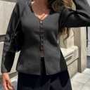 Saodimallsu Womens V Neck Cardigan Sweaters Button Up Fall Trendy Front Split Long Sleeve Sweater Blazer (Gray)