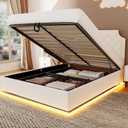Queen Size Lift Up Storage Bed Frame, Modern Wingback with Adjustable HeadboardEquiped with LED Light, Fast Charging Station and Outlet, Solid Wood Slats, No Box Spring Needed, Noise-Free, White