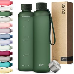 KIVY Slim Water Bottle 32oz [Lightweight & Shatterproof] Fits Backpack & Cupholder for Travel, Sports, School, Gym - Dark green - Gym water bottle screw top - Dishwasher Safe