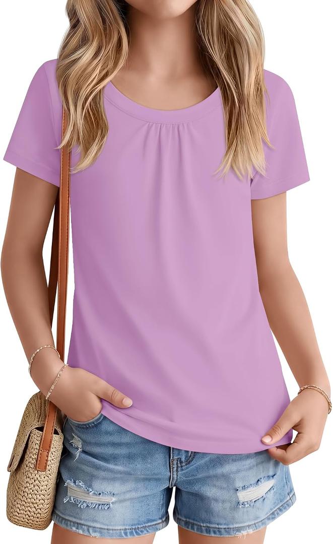 Girls' Short Sleeve T-Shirts | Scoop Neck Shirts, Summer, Sizes 5-14Y, Casual, Basic Tees, Tween, Lightweight, Soft, Loose Fit, Pleated, Cute