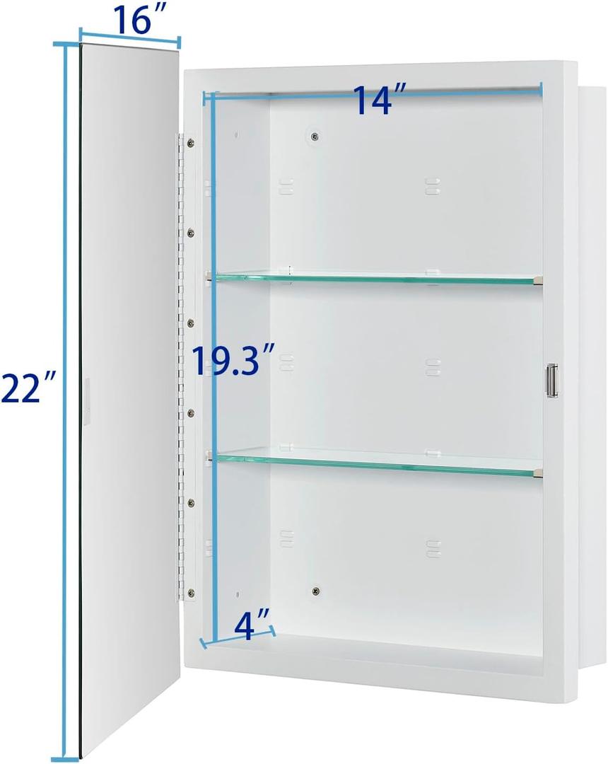 IDYLLOR Bathroom Medicine Cabinet with Beveled Edge Mirrored Door 16 x 22 inch, Recessed or Surface Mount, with Adjustable Glass Shelves