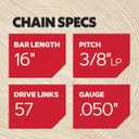 Oregon Chainsaw Chain 3/8" LP Pitch, .050" (1.3 mm) Gauge for 16 Inch Bar, 57 Drive Links Low-kickback Replacement Saw Chain, Fits Cub Cadet, Echo, John Deere, Shindaiwa and more