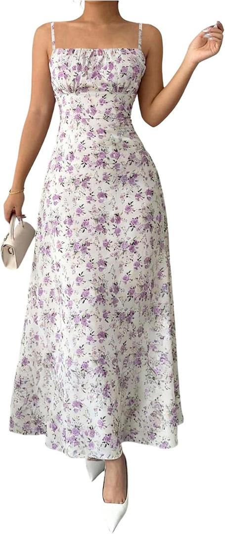 Floerns Women's Summer Floral Cami Long Dress Spaghetti Strap Wedding Guest Dresses (Purple, M)