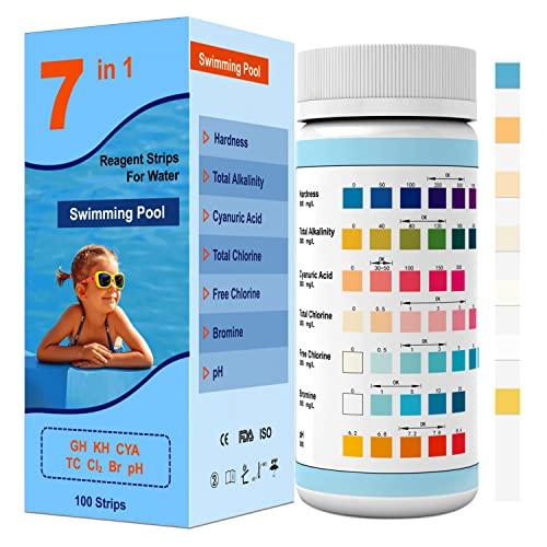 7IN1 Pool Test Strips,Accurate&Easy Water Chemical Testing Strip for Pool,Spa&Hot Tub, Quick Pool Test Kit for Hardness,Total Alkalinity,Cyanuric Acid,Total Chlorine 100 Strips (7IN1V11)