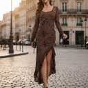 Women's Square Neck Long Sleeve Maxi Dress Floral Bodycon Dresses Print Side Split Dresses Elegant Formal Cocktail Dress (US, Alpha, X-Large, Regular, Regular, Brown Floral)