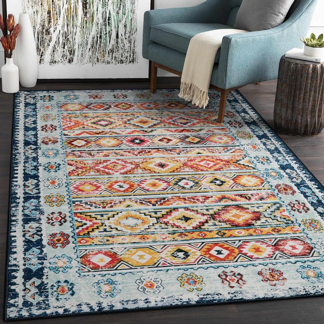 Wonnitar Boho 3x5 Washable Area Rug, Colorful Non-Slip Entry Rug, Moroccan Trellis Small Living Room Mat, Vintage Kitchen Low Pile Floor Carpet for Mud Room Bathroom Office (Blue/Multi,3'x5')