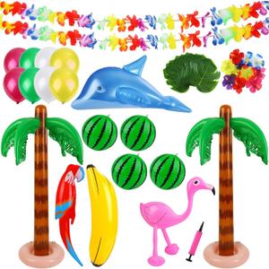 Ruisita Inflatable Luau Party Set 2 Pack Palm Trees 4 Pack Inflatable Watermelon 12 Pack Hawaiian Flowers 12 Pack Monstera Leaves 20 Pack Balloons Wingless Parrot Flamingo Banana for Party Supply, Medium