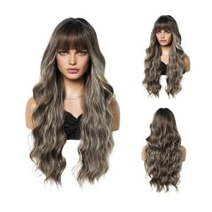 26 Inches Synthetic Curly Wigs Long Brown Wavy Hair for Women Wigs with Bangs Wig Natural Christmas Party High Temperature Fiber