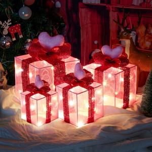 Set of 4 Valentines Day Pink Heart Lighted Gift Boxes, Battery Operated Romantic Wedding Decoration, Light Up Indoor Outdoor Decor for Proposals, Birthday Parties