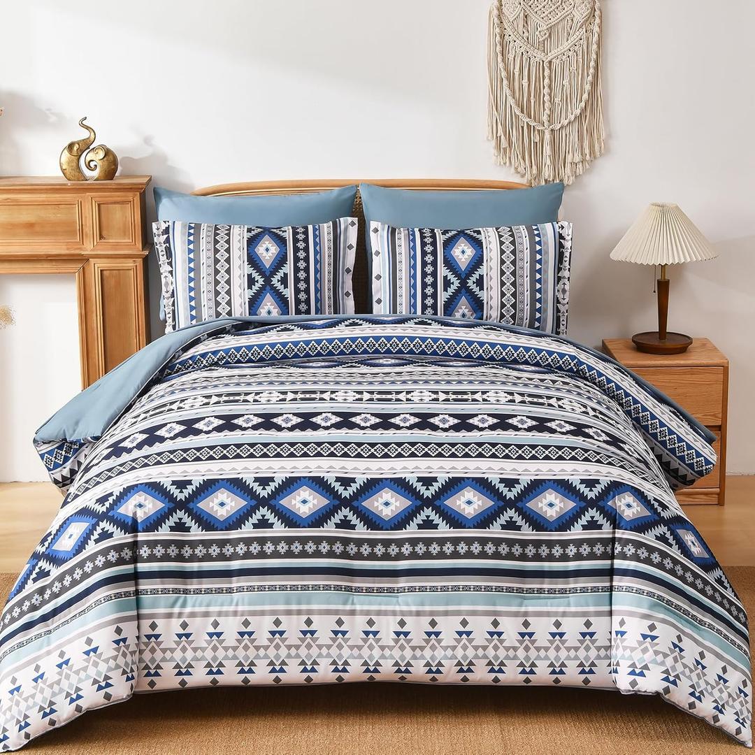 Dinjoy Navy Boho Comforter Set Queen Size,7 Pieces Bed in a Bag Queen Dark Blue Aztec Bedding with Sheets Bohemian Geometric Striped Complete Set for Fall Winter 90"x90"