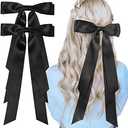 Large Satin Hair Bows 2PCS Hair Ribbons for Women CEELGON Big Long Black Ballet Style Hair Bows French Barrette Vintage Accessories for Girls-Black