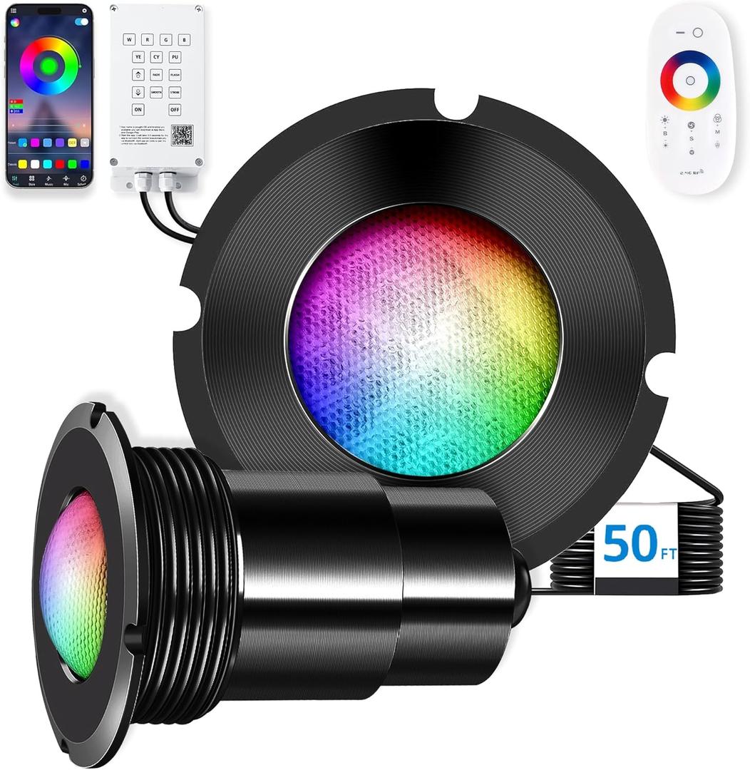Nicheless Pool Lights, 1.5 Inch LED RGBW Multicolor Inground Pool Light and Spa Light, IP68 Waterproof, AC 120V, 50ft Cable with Controller, APP & Remote Control
