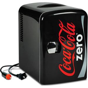Coca-Cola Zero CZ04 4 Liter/4.2 Quarts 6 Can Portable Cooler/Mini Fridge, Beverages, Baby Food, Skincare and Medications-Use at Home, Office, Dorm, Car, RV or Boat-AC & DC Plugs Included, Black/Red