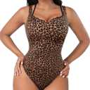 FeelinGirl V Neck Shapewear Bodysuits for Women Sleeveless Lace Body Shaper Tummy Control Thong Bodysuits for Women Leopard (Large)
