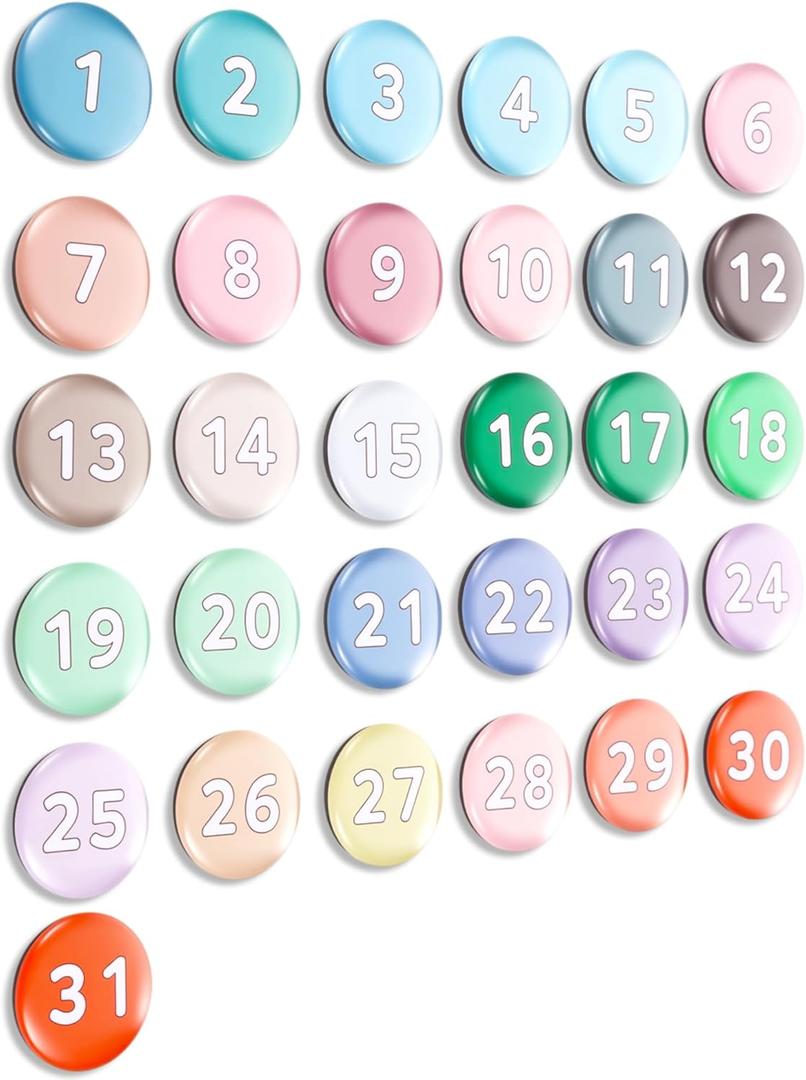 1-31 Magnetic Numbers Colored Glass Calendar Magnets for Whiteboard Dry Erase Board Fridge Schedule Refrigerator(Light Colors,0.98",Numbered)