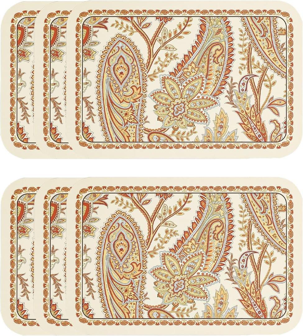ISAENNE Designer Paisley PVC Placemats Set of 6,Classic Pattern Yelllow Rectangular Placemat, Waterproof and Heat-Resistant Paisley Style, Decoration for Kitchen, Party,Dinning,New Year,12"*17"