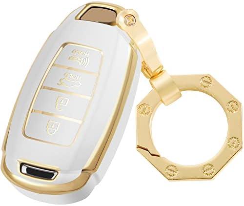 YHC for Hyundai Key Shell, Key Fob Cover Case with Gold Keychain fit Hyundai Fe Palisade Kona Elantra GT Veloster Silicone (4-White)