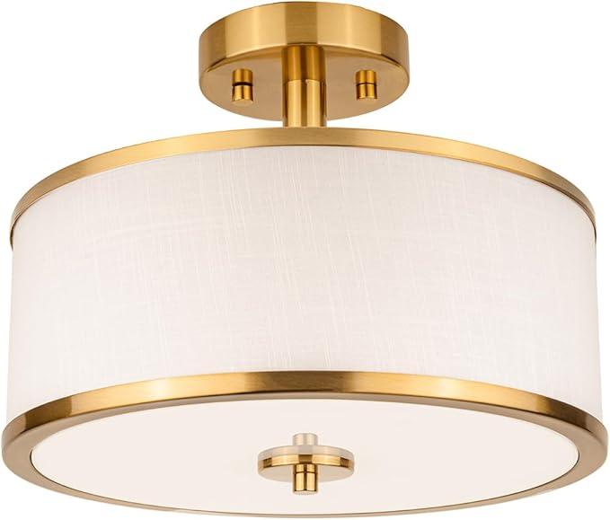 Edwarmlux 3Light Flush Mount Ceiling Light Fixture, 12.6" Drum Light with White Fabric Shade, Modern Close to Ceiling Light for Living Room Bedroom Dining Room Kitchen Hallway Entry (Brushed Gold)