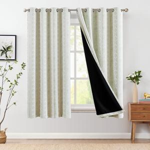 jinchan 95% Blackout Boho Curtains 54 Inch Longes for Bedroom Sage Green on Beige Geometric Printed Grommet Top Room Darkening Thermal Insulated Window Drapes 2 Panels