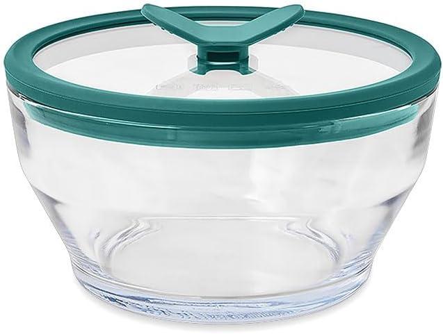 Anyday 4-Cup Glass Food Storage with Glass Lid, Round Deep Dish | Plastic-Free Meal Prep & Microwave Cookware | Stackable Airtight Storage Container with Vented Lid for Microwave-Safe Reheating (Clear - Kale)
