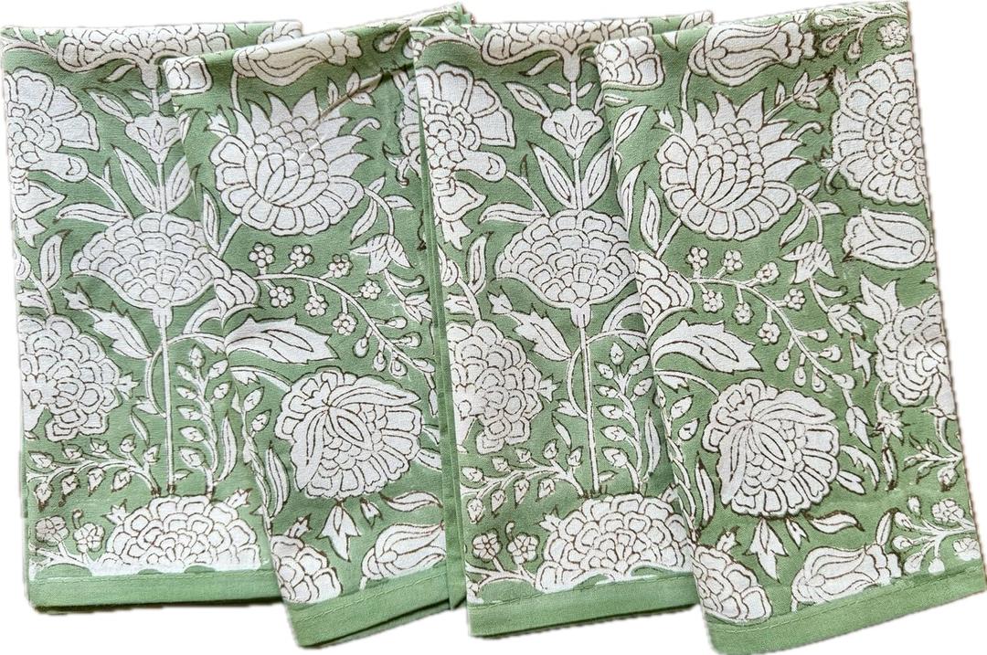 ATOSII Jade 100% Cotton Fall Cloth Designer Dinner Napkins, Handblock Print, Washable Durable Linen for Everyday Use Wedding Parties Outdoors Christmas Thanksgiving I 20 X 20 Inches I Set of 4