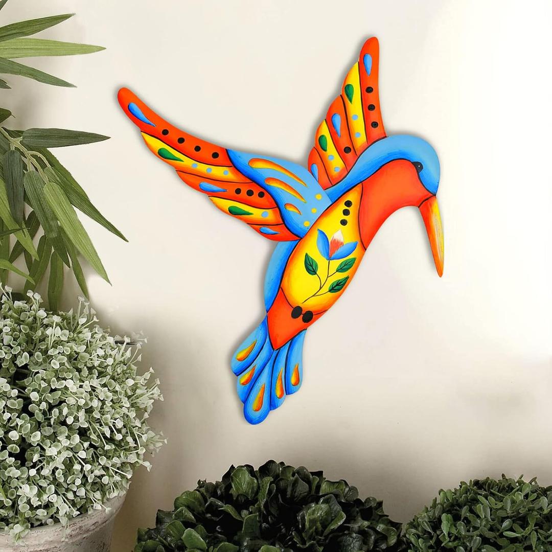 SUNNYPARK Metal Hummingbird Outdoor Wall Art Decor, 16.5” Handcrafted Mexican Talavera Style Celestial Wall Sculptures Hanging for Indoor Outdoor Living Room, Garden, Patio, Yard, Fence Decoration